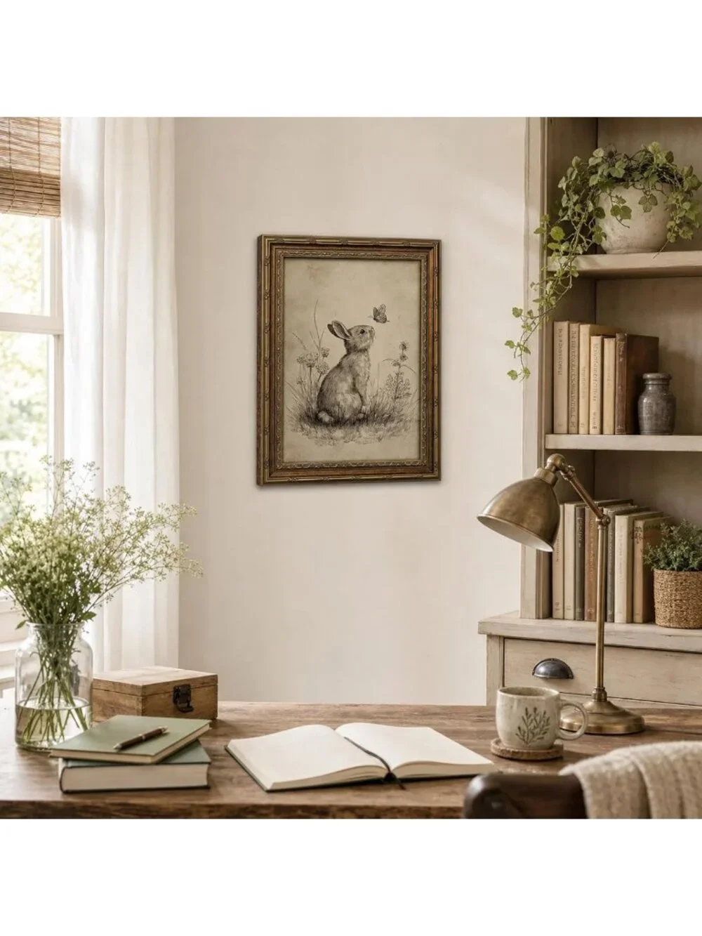 Vintage Rabbit Framed Wall Art - Woodland Sketch Decor for Home & Nursery 24x16